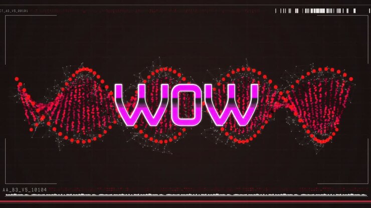Animatie van wow-tekst over een rode draaiende DNA-streng