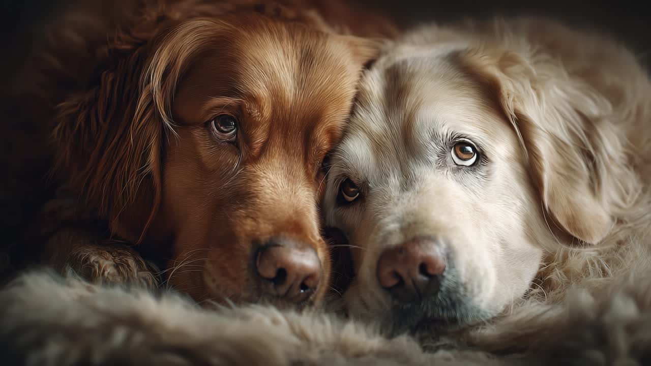 A Heartwarming Moment: Two Golden Retrievers Snuggling Closely in a Cozy Atmosphere, Showcasing Their Affection and Friendship in a Serene Setting
