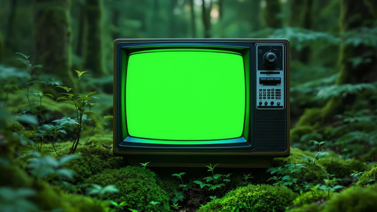 Vintage television set displaying a green screen, placed amidst a vibrant, moss covered forest floor, creating a surreal contrast between technology and nature