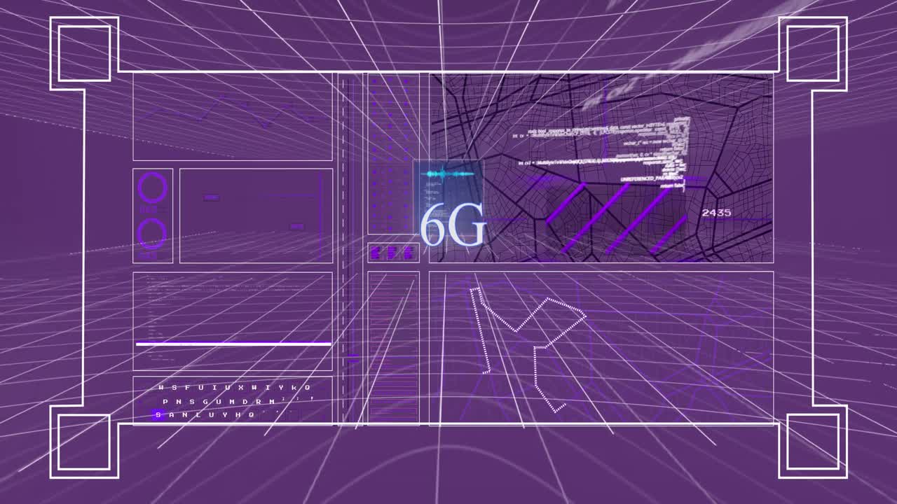 Animation of 6g text and data processing on black background