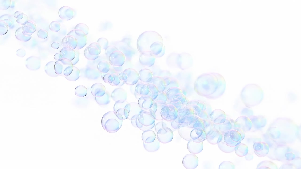 Iridescent Soap Bubbles Floating On White Background, Slowmotion Cascade Of Translucent Spheres With Pastel