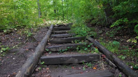 POV-Climbing-Wooden-Stairs-Along-Outdoor-Hiking-Trail-in-Fall-Season