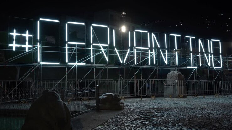 Cervantino festival lighting sign at night in Guanajuato downtown