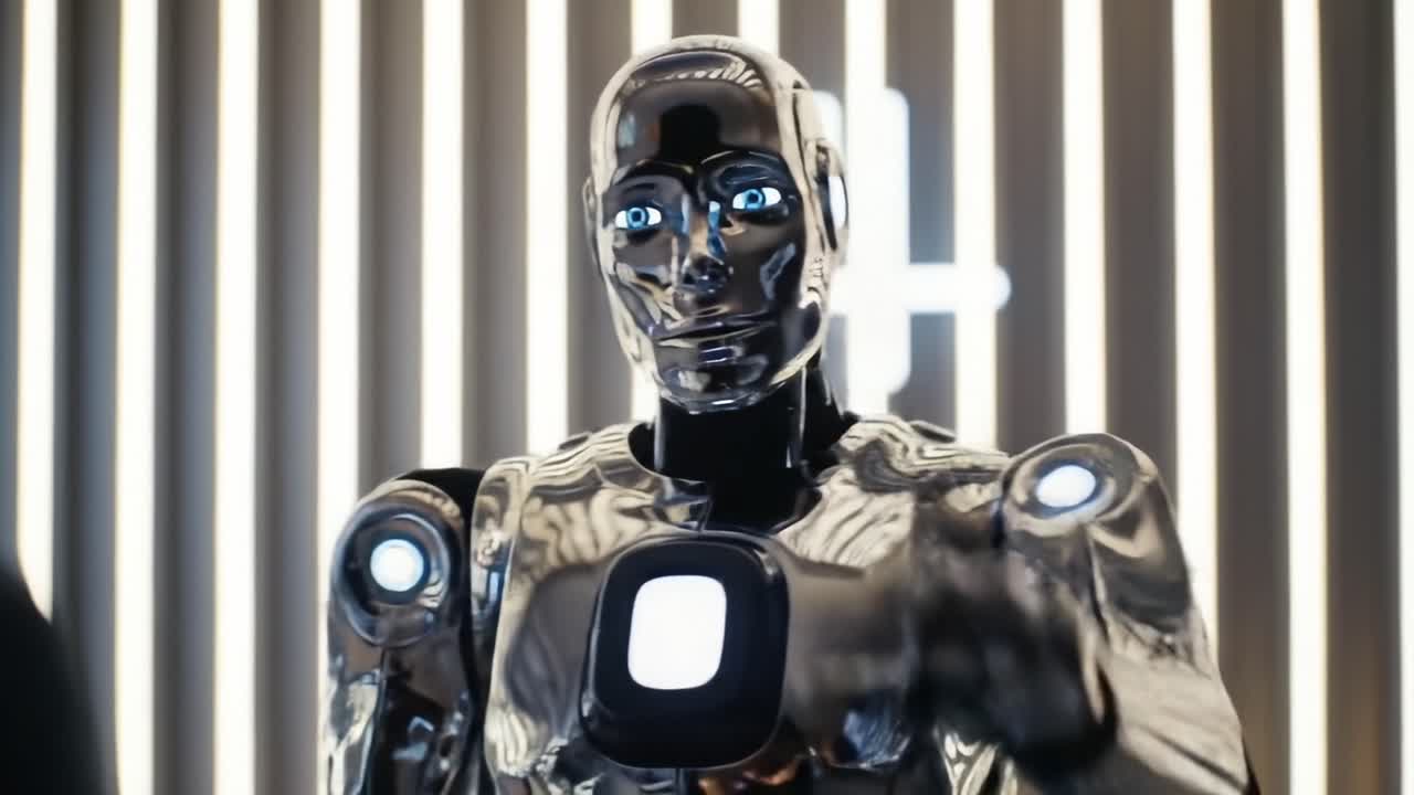 A Cutting-Edge Humanoid Robot Showcased in an Illuminated Environment, Highlighting Its Sleek Metallic Design and Advanced Features with Expressive Visuals in the Background