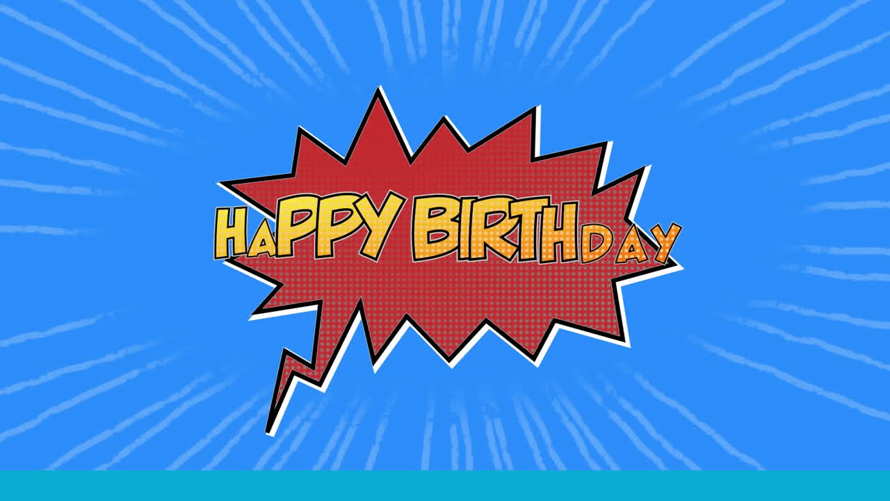 animación de feliz cumpleaños escrita en amarillo en una burbuja de dibujos animados roja sobre un fondo azul