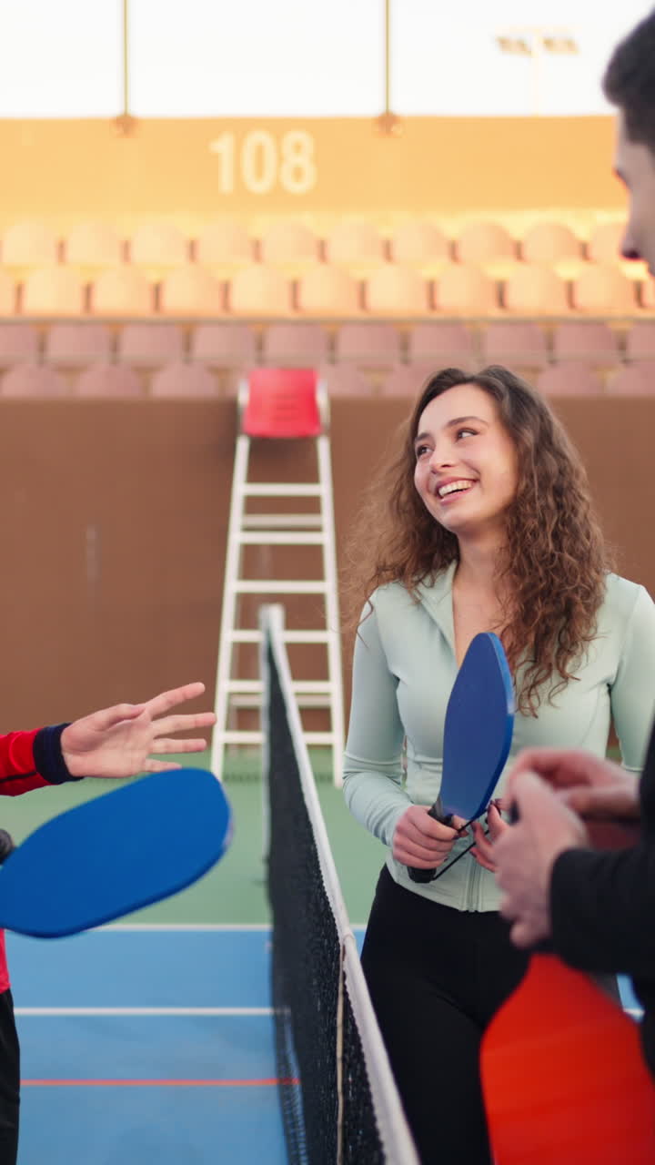 Group of friends holding pickleball rackets talking and smiling with a net between them a on a court. Vertical