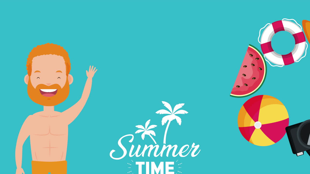 여름 시간 액세서리 애니메이션을 가진 젊은 남자