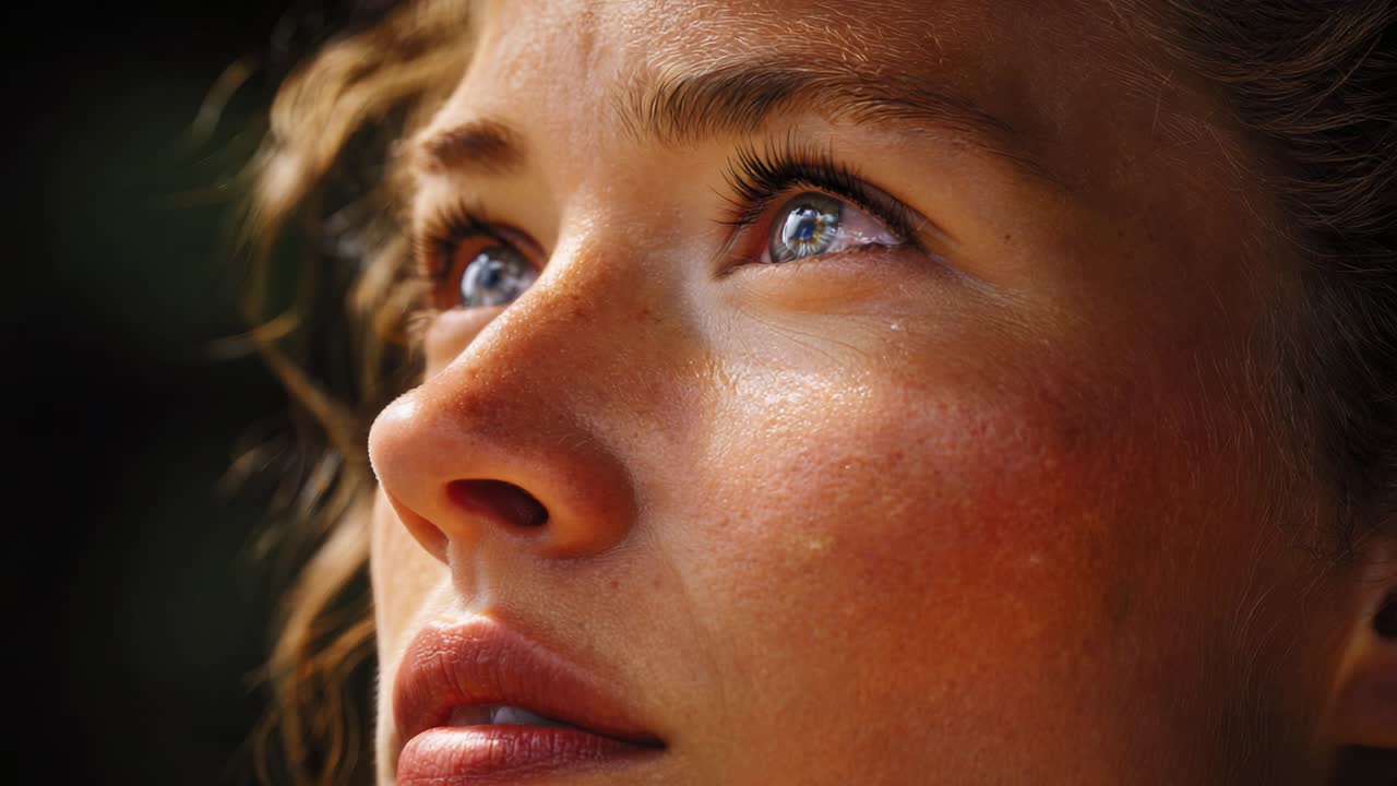 A close-up portrait of a young woman with striking blue eyes, perfectly defined features, and natural skin tones, showcasing emotions of awe and contemplation in a compelling and atmospheric setting