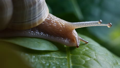 a close-up of a snail crawling on a green leaf