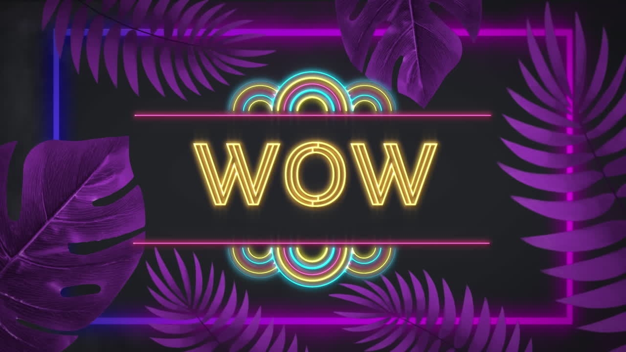 animación de texto wow en neón amarillo con marco de hojas púrpuras, sobre fondo negro