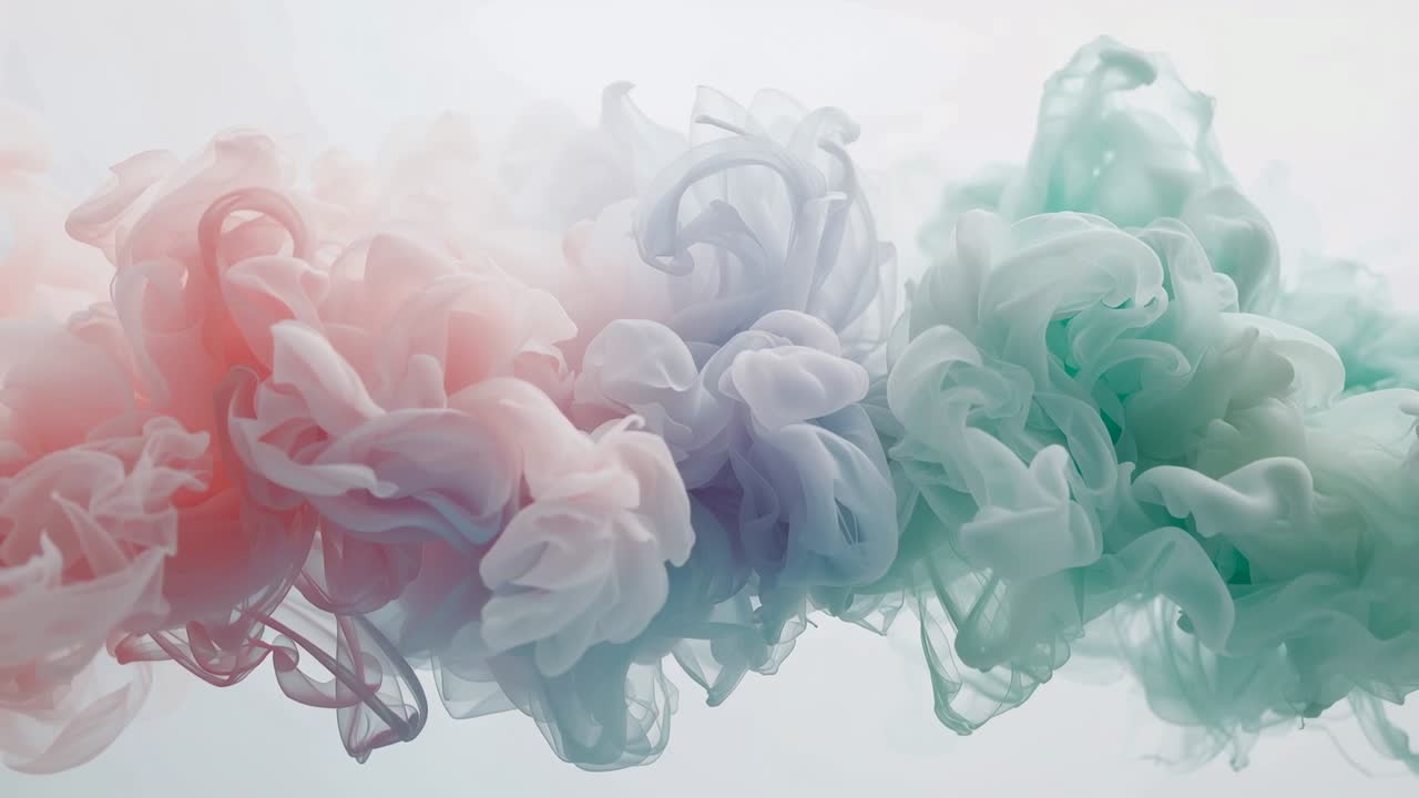 Droppers releasing salmon-pink lavender teal pigments forming plumes in studio glass tank for art
