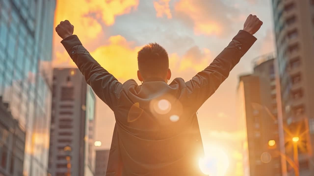 Man celebrates success in the city at sunrise