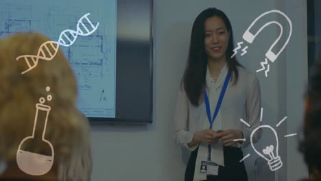 presenting in meeting room, woman with scientific symbols animation over presentation