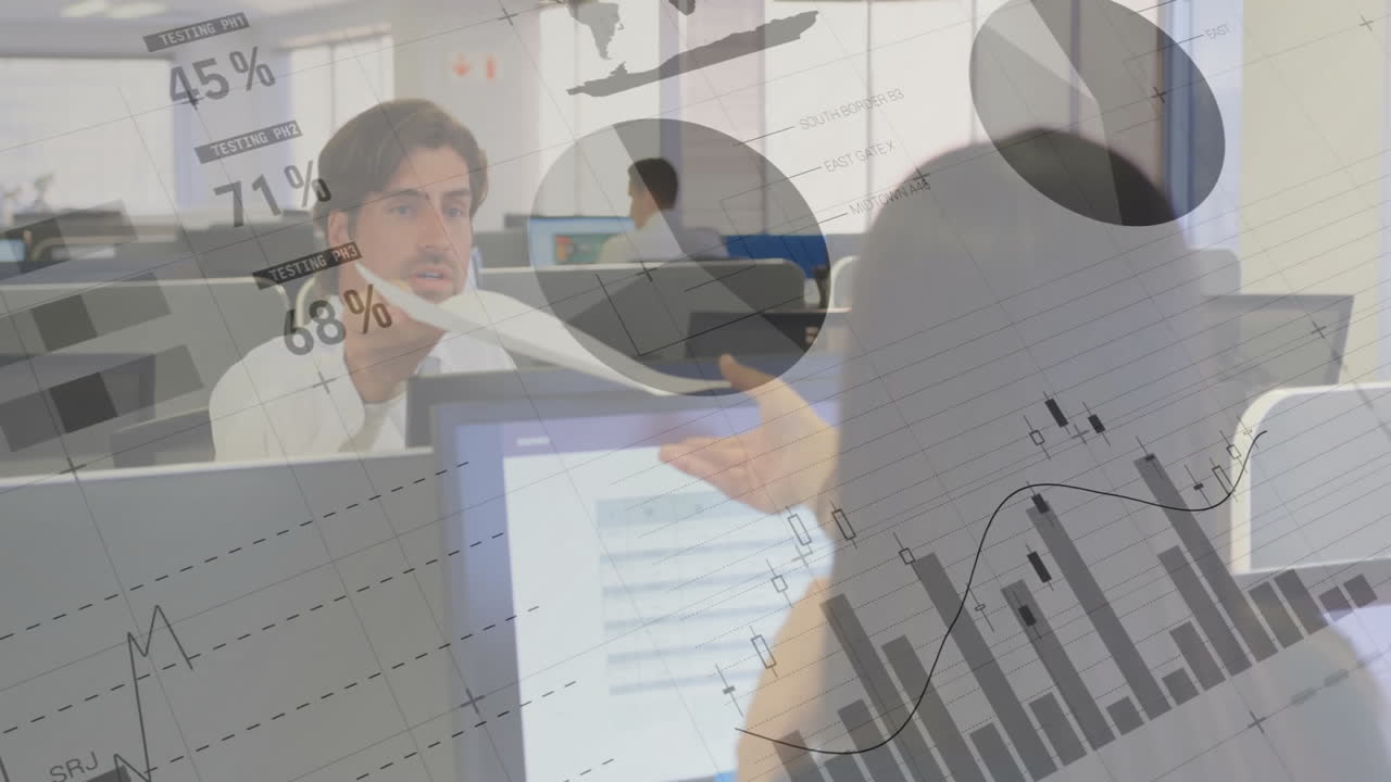 animación del procesamiento de datos financieros sobre diversos colegas que discuten el trabajo en la oficina