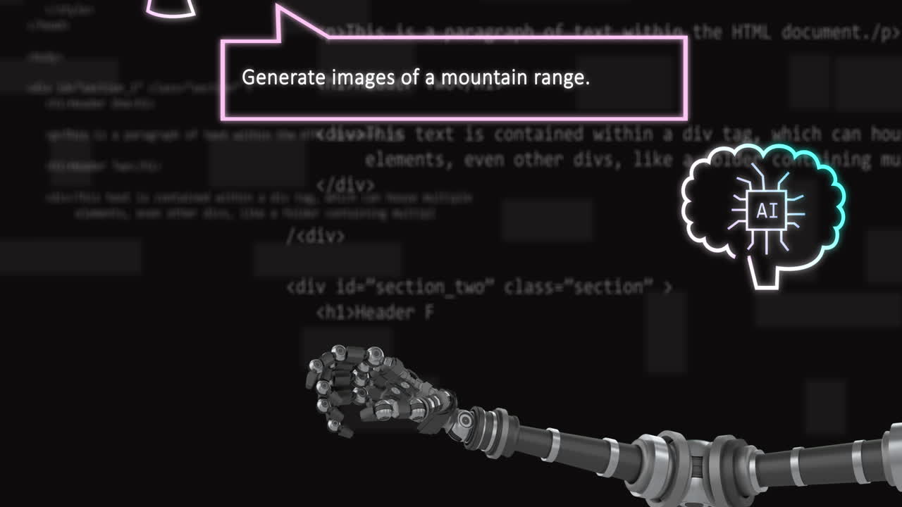 Animation of ai data processing over speech bubble and dark background