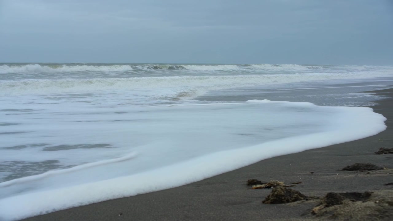 Onde schiumose che avanzano, spinte da una mareggiata in arrivo, si infrangono lungo la costa sabbiosa e le alghe.