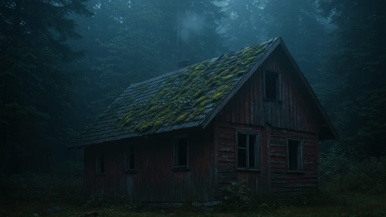 An Enigmatic Abandoned Cabin Surrounded by Misty Woods: An Atmospheric Journey Through Nature's Serenity Captured in Two Frames