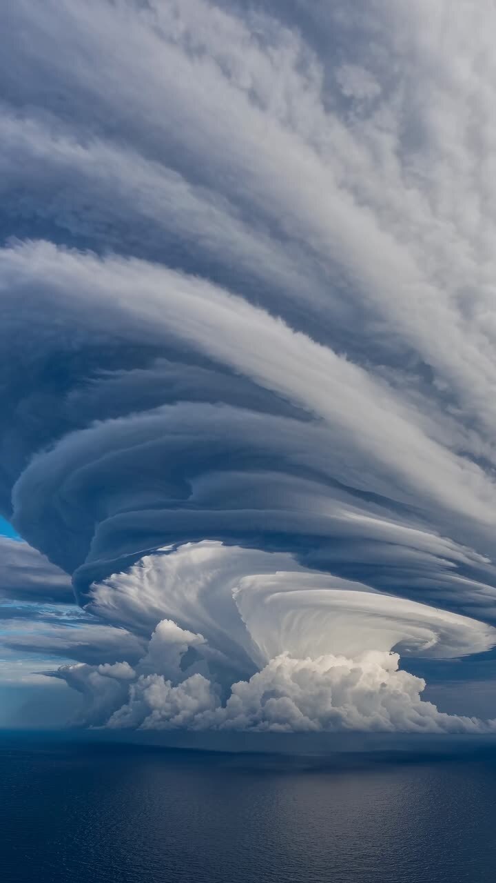 Dramatic aerial view of swirling storm clouds over the ocean, capturing a mesmerizing, cinematic