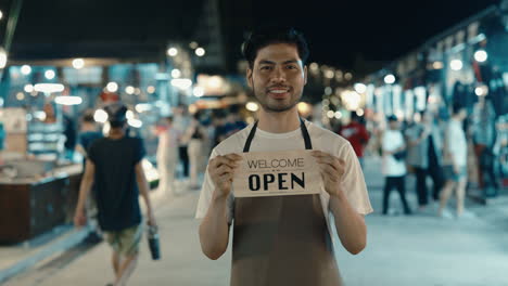 friendly street vendor welcoming customers