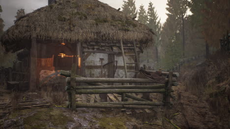 wooden log cabin in pine forest in summer