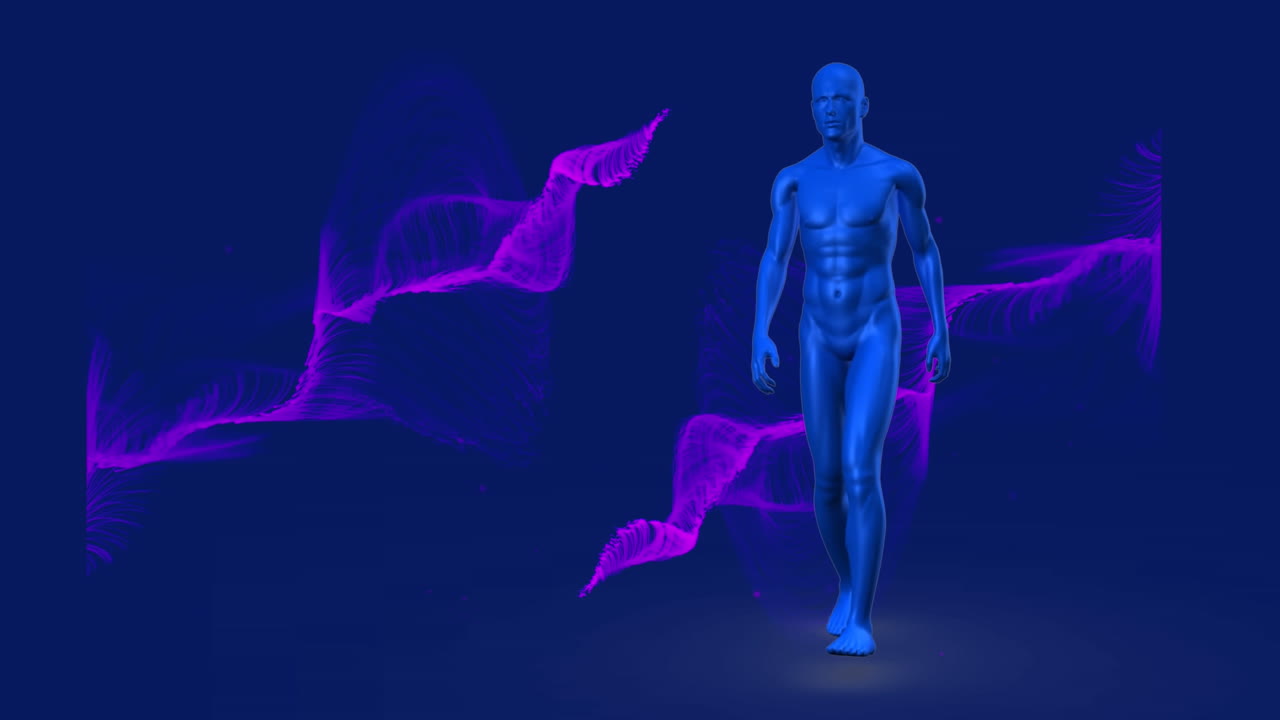 animación de un modelo de cuerpo humano caminando y ondas digitales púrpuras contra un fondo azul.