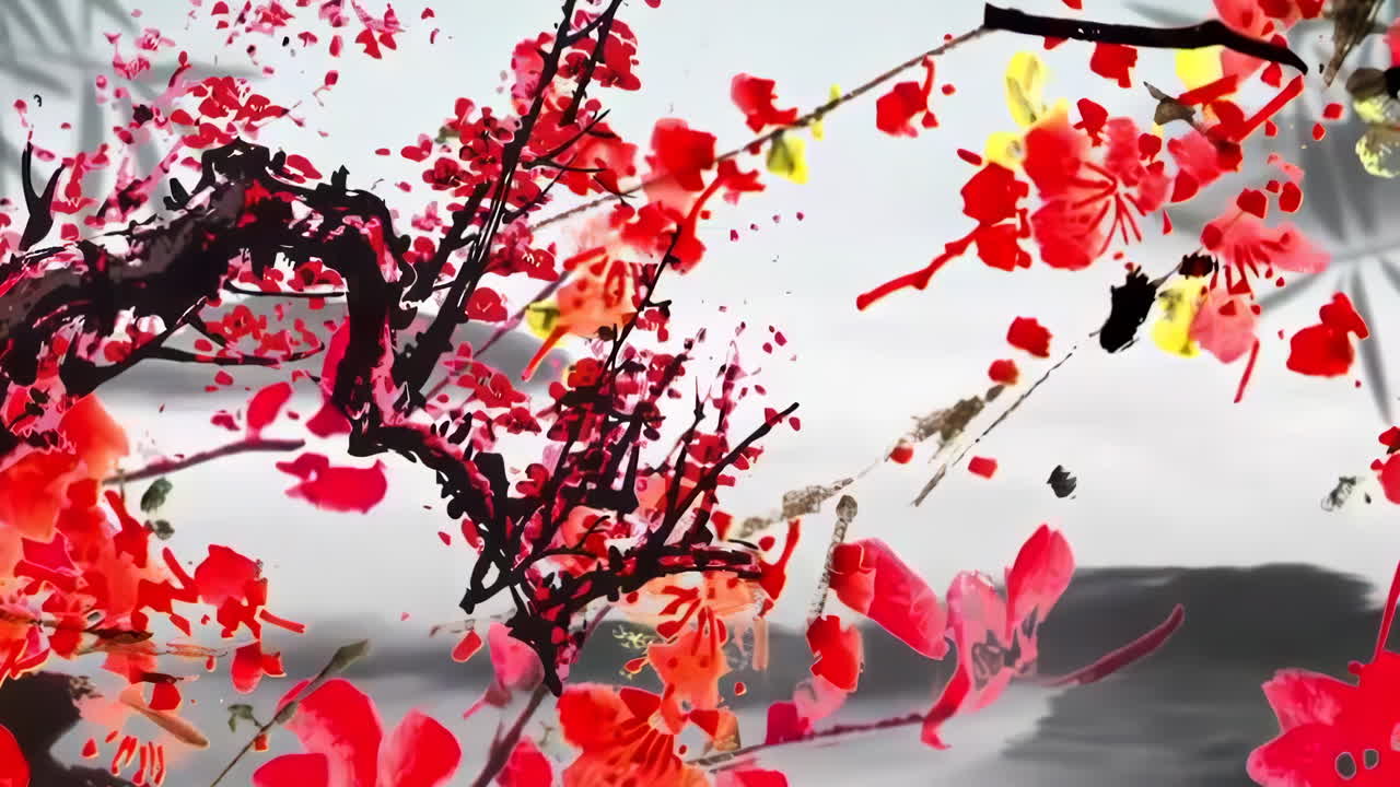 환상적인 밝은 분위기, 아름다운 아침 꽃, 하늘, 산, 꽃, 호수, 고대 집, 간단한 애니메이션, 일본어, 중국 애니메이션, 수채화 스타일