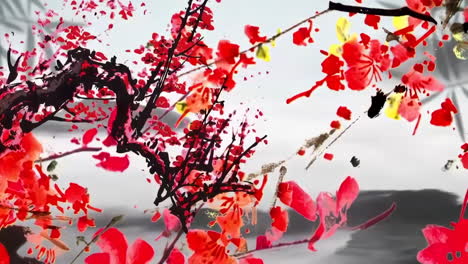 Fantasievolle,-Helle-Ambientelandschaft-Mit-Wunderschönen-Pflaumenblüten-Am-Morgen,-Himmel,-Bergen,-Blumen,-See,-Altem-Haus-Mit-Einfacher-Animation-Im-Japanisch-chinesischen-Anime-Aquarell-Stil