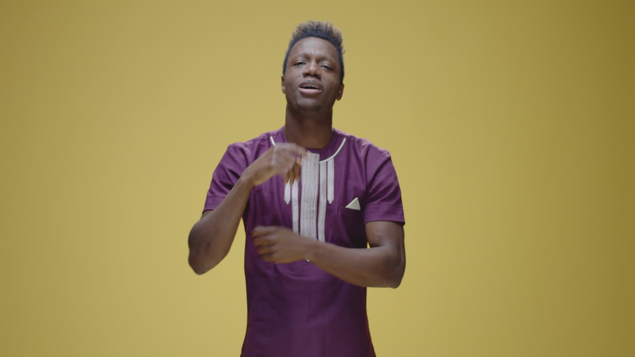 Man Expressing Various Emotions and Gestures on a Yellow Background