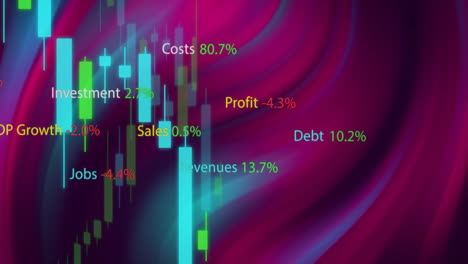 animation of financial data processing over colourful shapes on black background