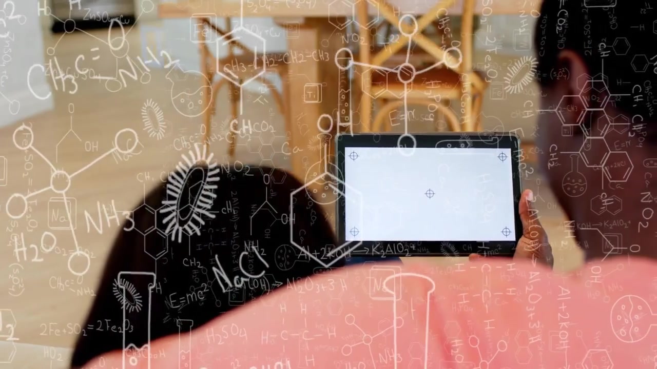 Adult male presenting tablet, girl leaning, lab overlay showing formulas over tablet for science