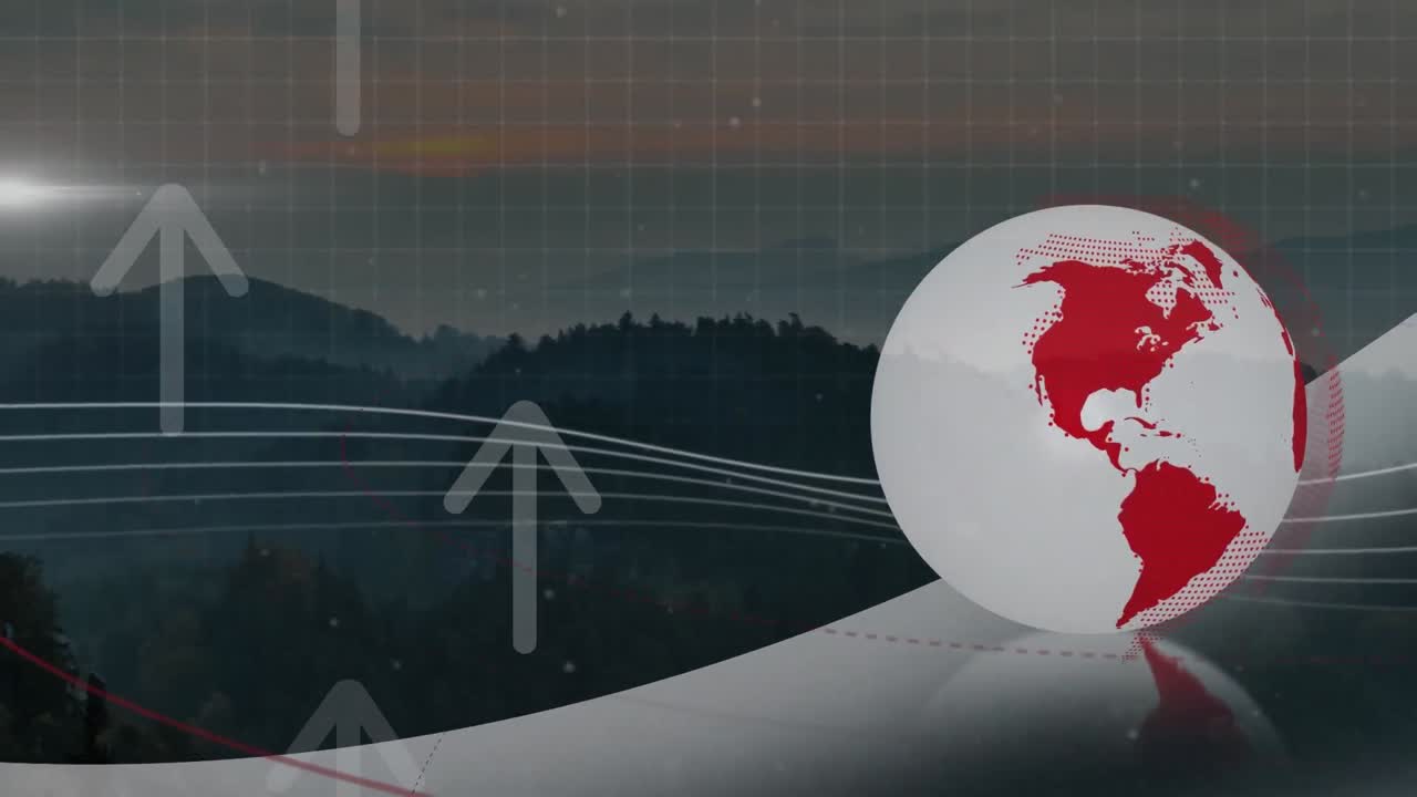 해가 지는 풍경 위에 있는 화살표와 지구의 애니메이션