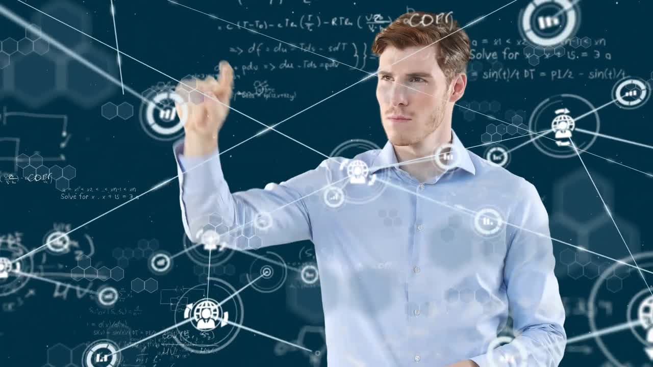 연결 아이콘과 떠다니는 수학 공식과 함께 3d 화면을 만지는 백인 남자의 애니메이션