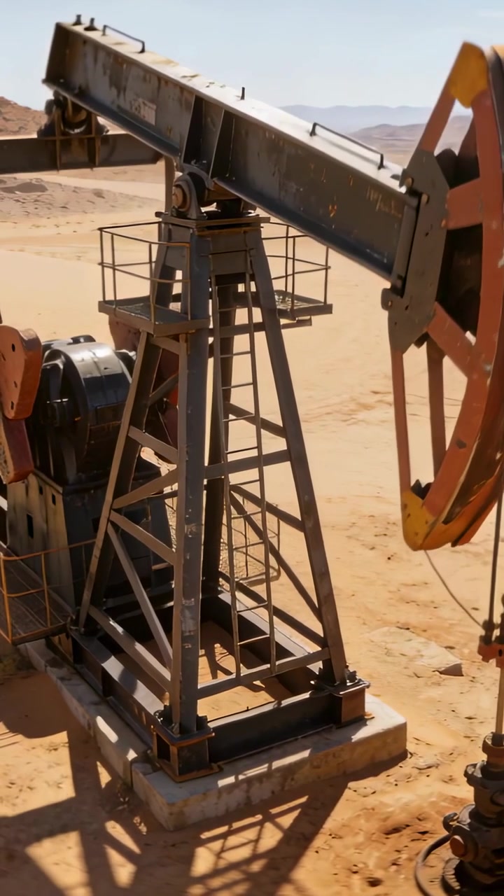 Vertical video: Motor starting moving pumpjack beam at desert oil pad, lifting crude via horsehead