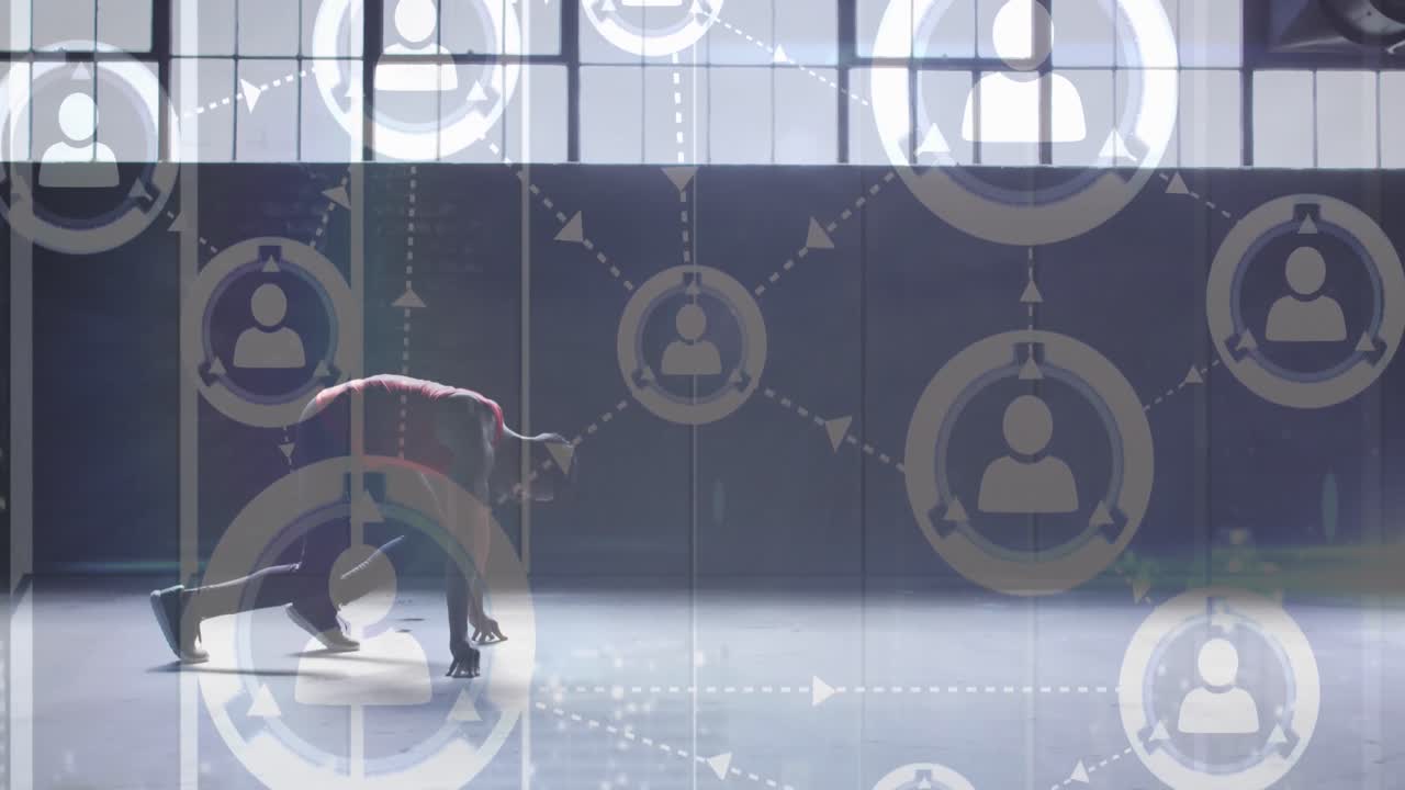 버려진 건물에서 조 ⁇ 하는 사람 위의 아이콘과 사람과의 연결 네트워크의 애니메이션