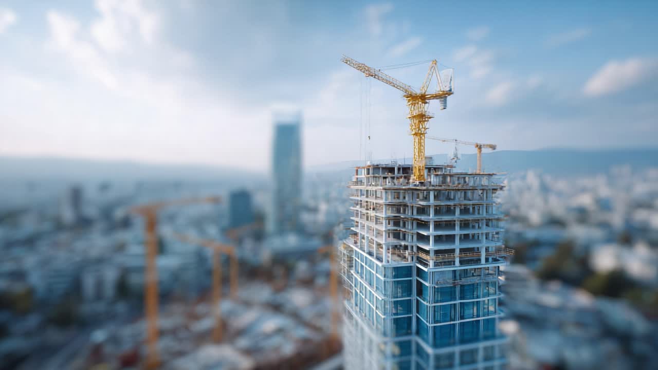 Construction Development of a Modern High-Rise Building with Cranes and Urban Skyline in the Background Captured in Beautiful Light and Perspective