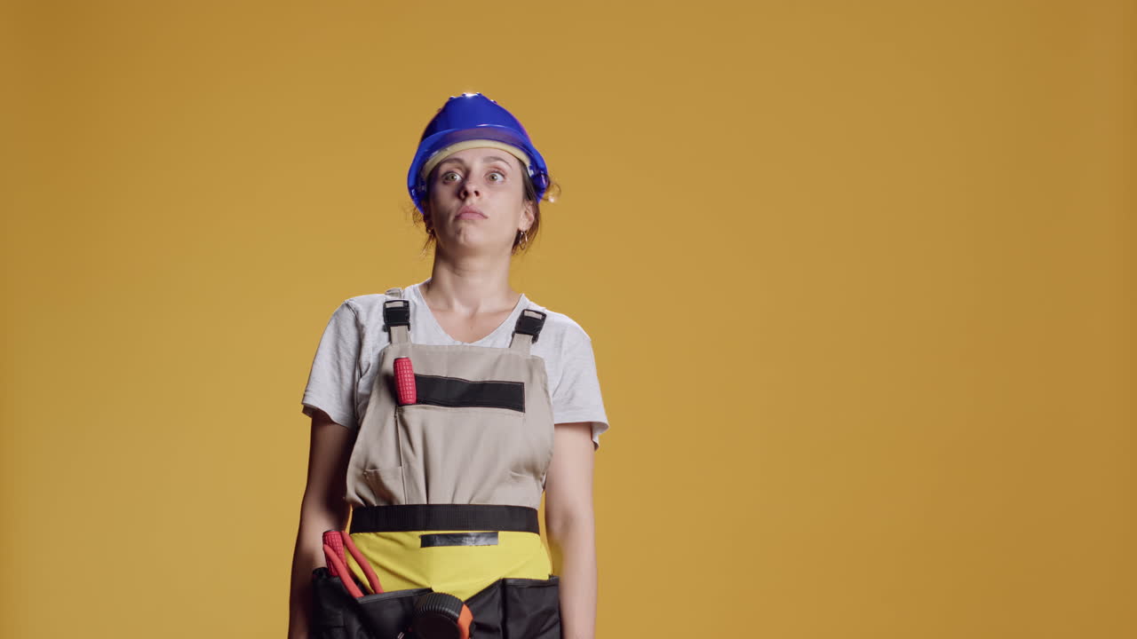 Portrait of female builder being hit in head and feeling dizzy