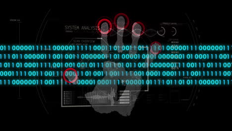 animación de codificación binaria, procesamiento de datos y lectura biométrica de las manos