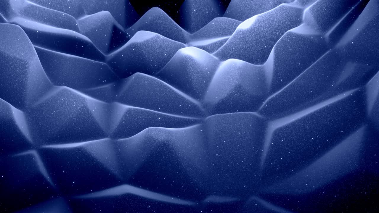 Stylish festive black bg. Fantastical abstract looped background, waves move on glossy surface like landscape made of liquid blue wax with sparkles. Beautiful soft background with smooth animation 4k