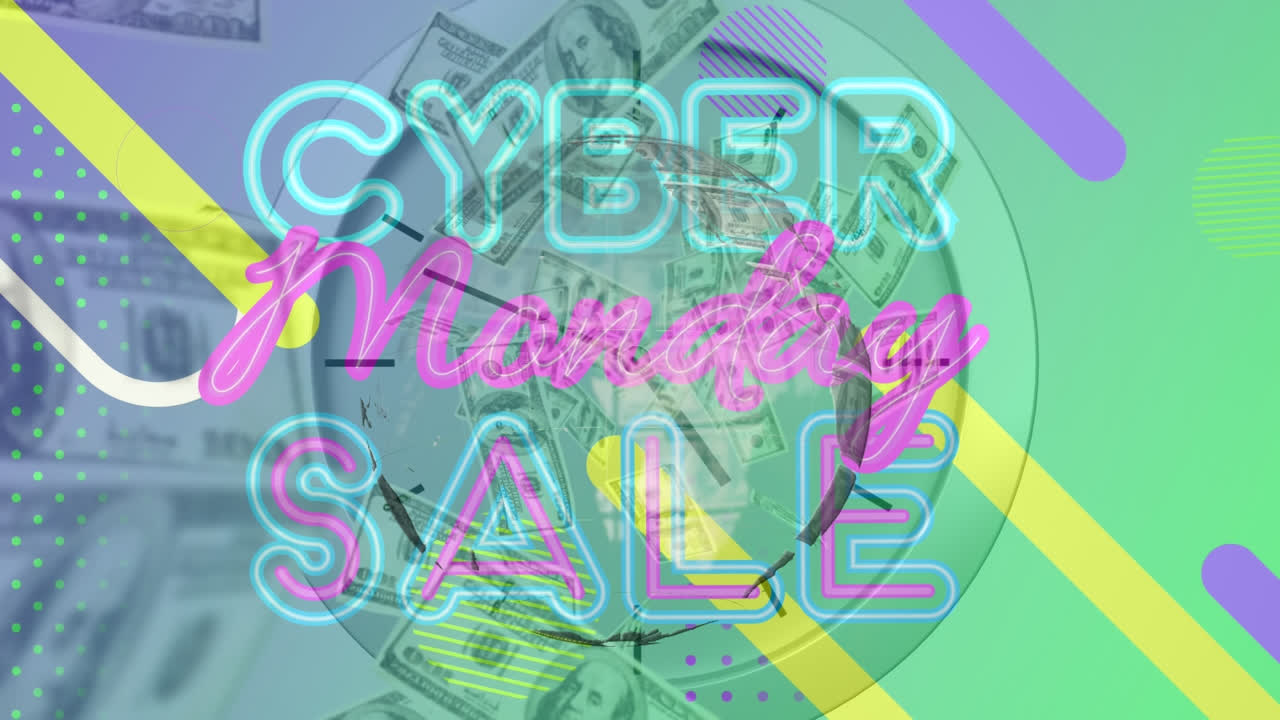 animación billetes de dólar estadounidense globo con texto de ventas de cyber monday en el fondo