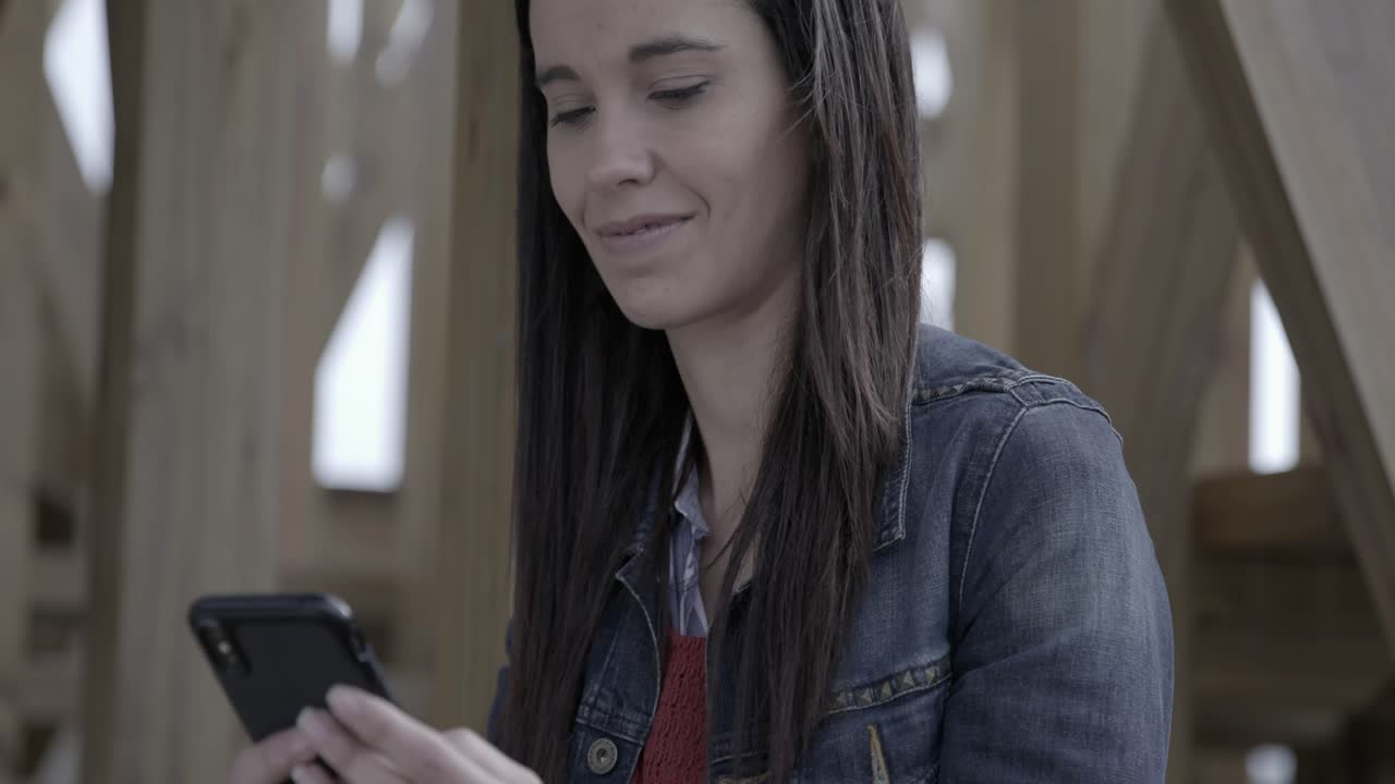 Mujer joven sonriendo mientras usa un smartphone en exteriores