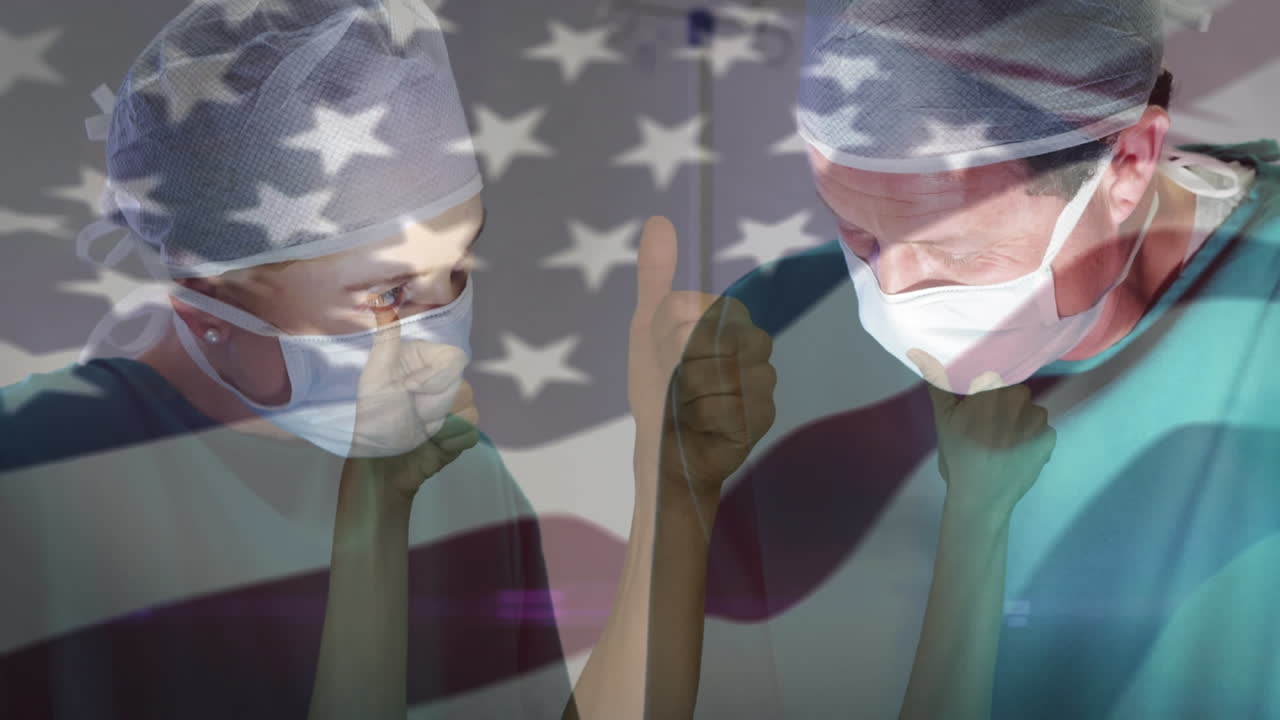 얼굴 마스크를 쓴 외과 의사 들 위 에 흔들리는 미국 국기 의 애니메이션