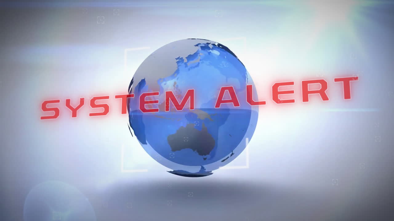 Animation of system alert warning text and data processing over globe
