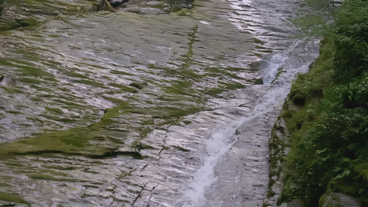 Waterfall cascading down mossy rocks in a lush forest