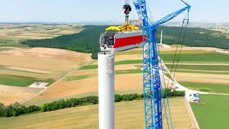 head of wind turbine construction - aerial drone shot