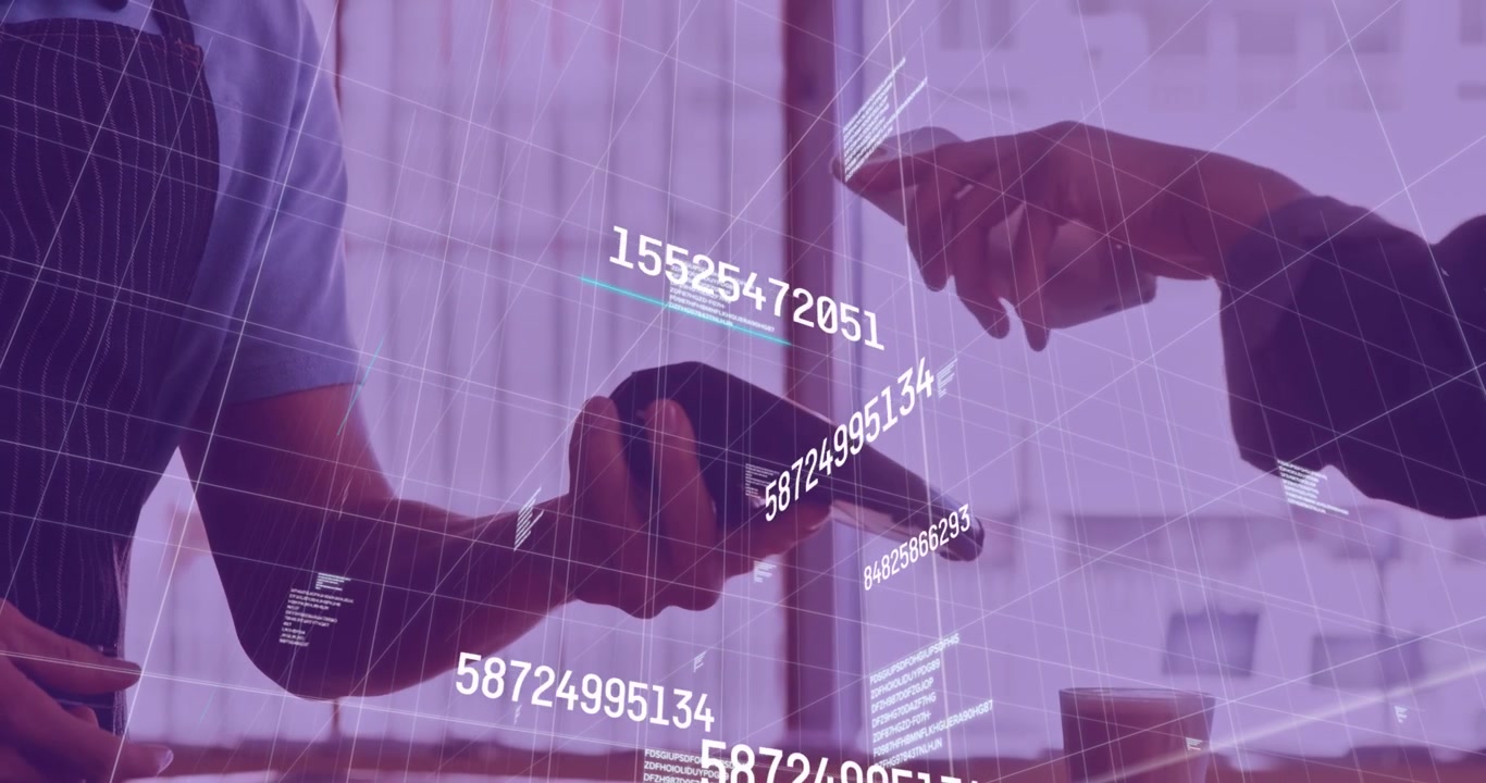 Animazione di elaborazione dati su persone diverse che pagano con lo smartphone