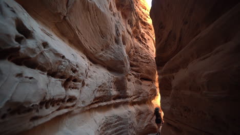 detrás de una mujer joven caminando en un cañón de ranura estrecho único con acantilados de arenisca roja en el parque estatal del valle del fuego, nevada usa, cámara lenta de marco completo