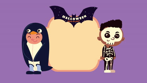 happy halloween animation with little skeleton and penguin