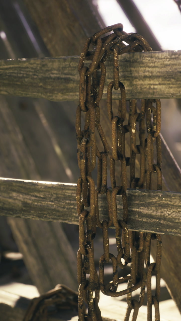 Rustic chain drapes by weathered planks in soft sunlight