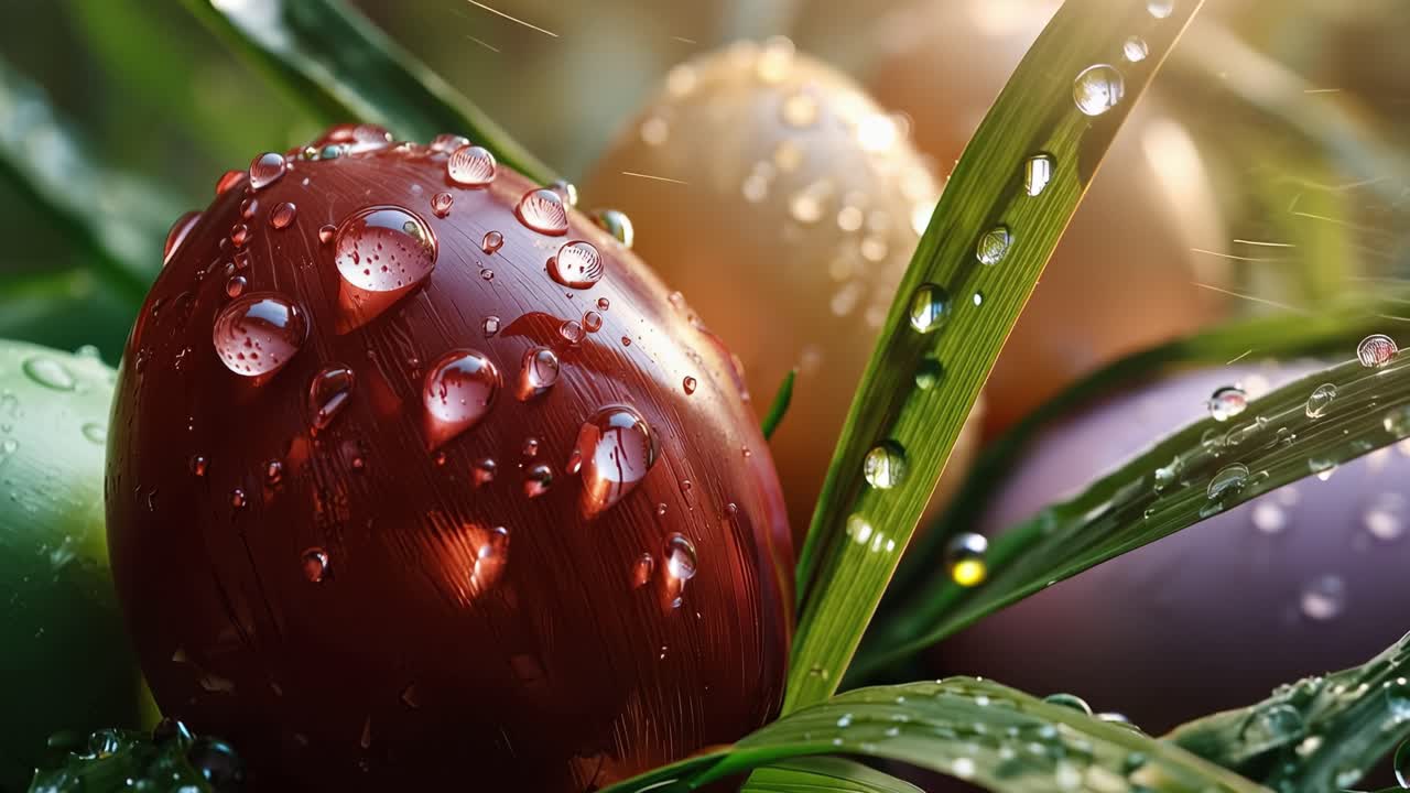 Le gocce di pioggia si aggrappano a uova lucide e colorate adagiate nell'erba verde. La luce del sole scintilla delicatamente su ogni gocciolina di rugiada. Le lame d'erba incorniciano la scena con umidità naturale. La quiete suggerisce un momento tranquillo.