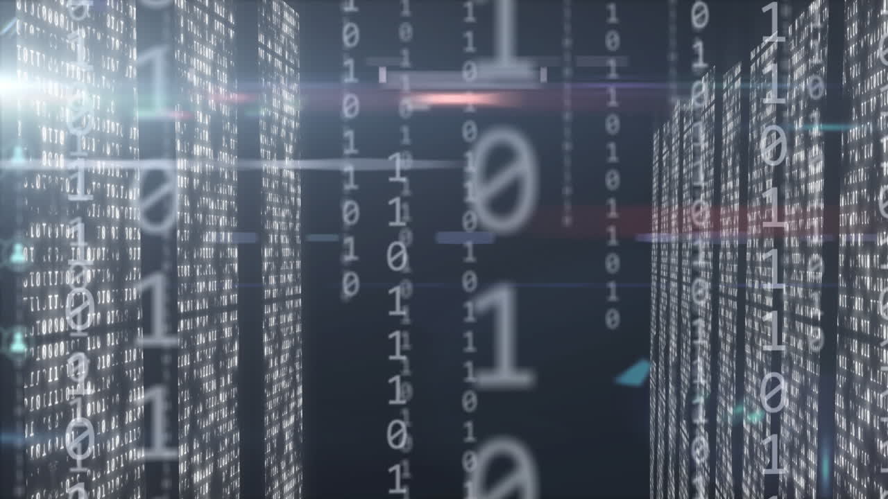 Animation of digital icons, binary coding and data processing